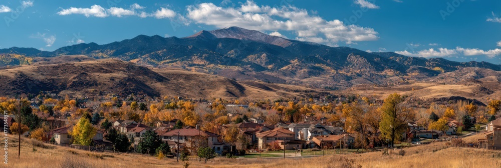 Fototapeta premium Arvada Colorado Autumn Foothill Village - A Colorful Panoramic View of a Small Neighborhood with Mountain Backdrop