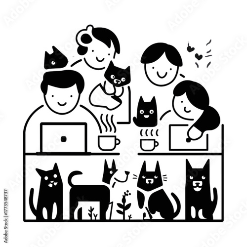 People and pets working together at desks cats dogs