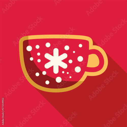 Red christmas mug with snowflake and snowflakes falling, long shadow on red background