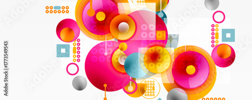 Abstract geometric composition. Circles, squares, dots create vibrant colorful pattern. Modern design elements overlap, forming dynamic visual texture.