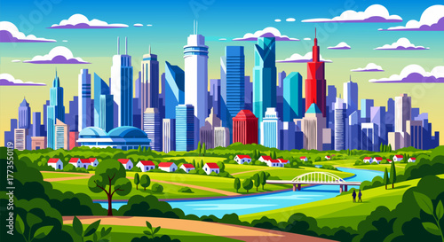 Serene Metropolis A Vibrant Cityscape with Nature's Embrace in Vector Art