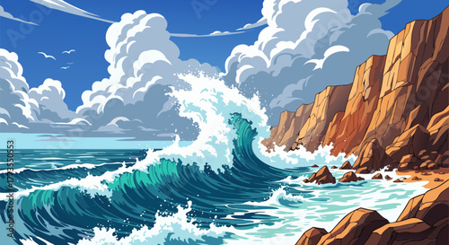 A powerful ocean wave crashes against a rugged cliffside in a dynamic and vibrant anime style vector illustration