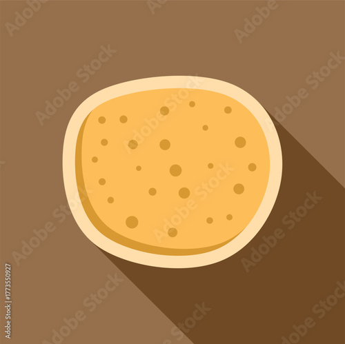 Simple vector illustration of a round potato with skin and small spots, isolated on a brown background with long shadow