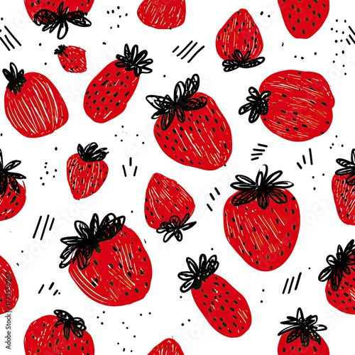 Hand-drawn red strawberries scattered on a black background