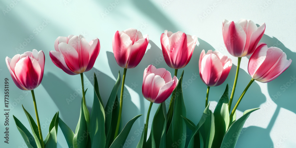 Fototapeta premium Bold Pink And White Tulips Against A Light Blue Textured Wall With Dramatic Shadows