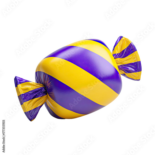 A glossy, striped candy with purple and yellow wrappers, against black