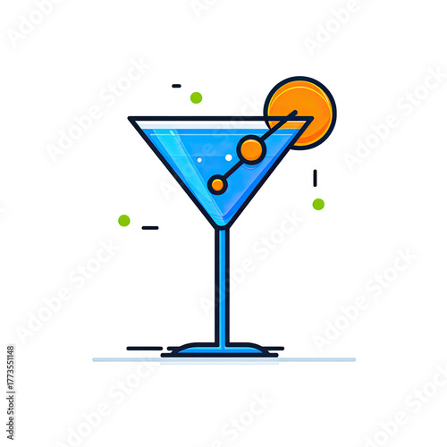 A stylized, blue cocktail in a martini glass with garnish