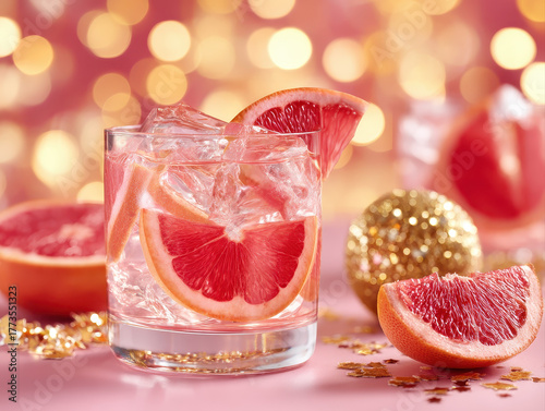 Refreshing cocktail with grapefruit slices and ice in glass set in warm Christmas mood with golden bokeh lights and festive decorations creating joyful atmosphere