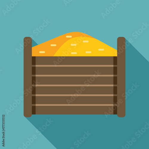 Full wooden crate with boards containing pile of grain or sand