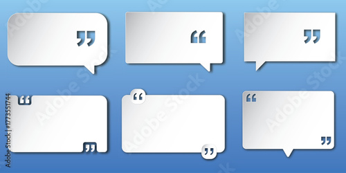 Speech bubble set with quotation mark cutouts, white and gray gradient, shadow effect, rectangular and rounded shapes, isolated blue background, modern and clean design for testimonial or message