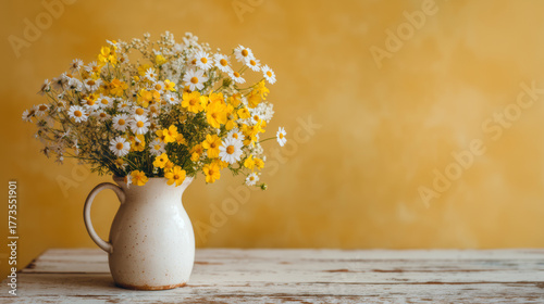 Fototapeta Naklejka Na Ścianę i Meble -  Rustic White Ceramic Pitcher Holds Vibrant Yellow and White Wildflowers on Distressed Wooden Table