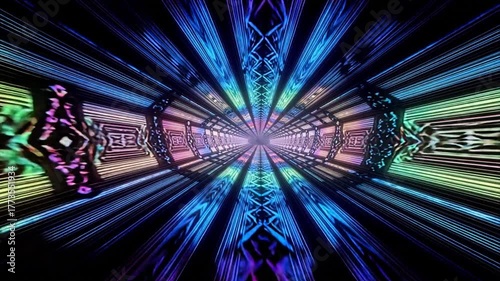 Vibrant, dynamic digital tunnel with radiating neon lights, a journey through abstract cyberspace and future technology.. Ai generative video