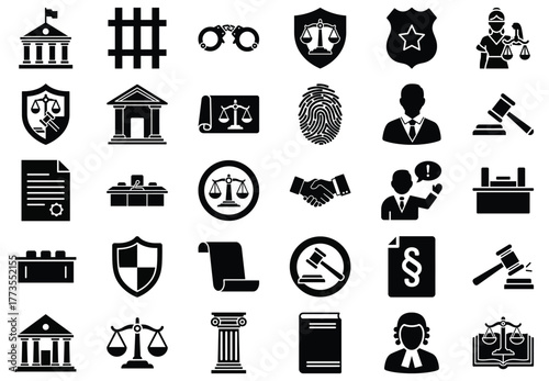 Collection of black and white justice icons this set includes symbols such as scales, gavel, courthouse, judge, law book, and other legal elements