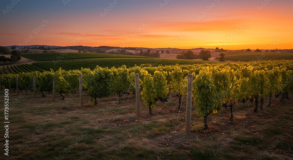 Fototapeta premium Vineyard at Sunset with Golden Light and Rolling Hills.