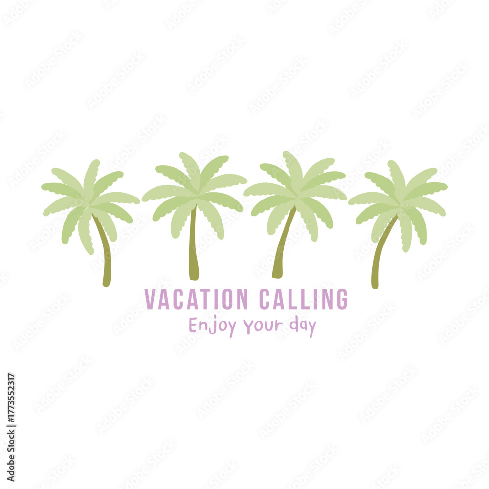 Obraz premium Minimal tropical typography artwork featuring the phrase “Vacation Calling – Enjoy Your Day” with simple green palm trees and pink text. Perfect for summer prints, posters, and travel-themed apparel.