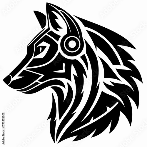 Stylized Abstract Wolf Head Profile with Futuristic Cybernetic Details and Tribal Elements