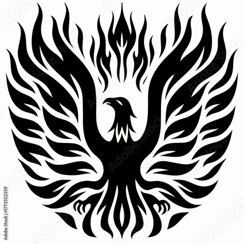 Black Phoenix Rising from Flames, Symbol of Rebirth and Immortality