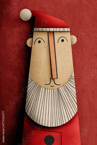 Père Noël stylisé en papier avec barbe blanche et bonnet rouge