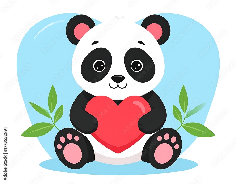 Obraz premium Cute, cartoon panda with a heart on a blue, heart-shaped background