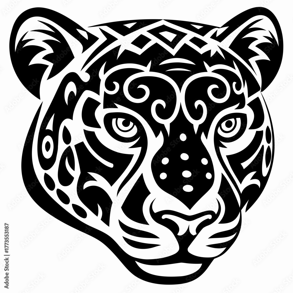 Fototapeta premium Striking Tribal Jaguar Head Illustration - Dynamic Black and White Wildlife Emblem with Intricate Patterns