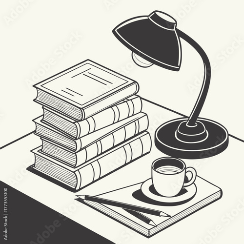 Books, lamp, and coffee on desk