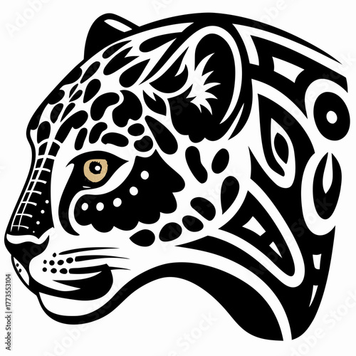 Striking Wildcat Head Illustration with Intricate Tribal Patterns and Golden Eye