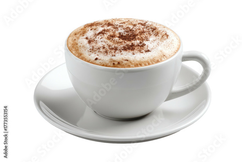 A creamy, frothy coffee drink dusted with cocoa powder on a saucer