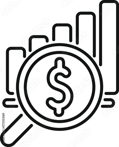 Growing financial chart with dollar sign under magnifying glass, representing financial analysis and investment growth