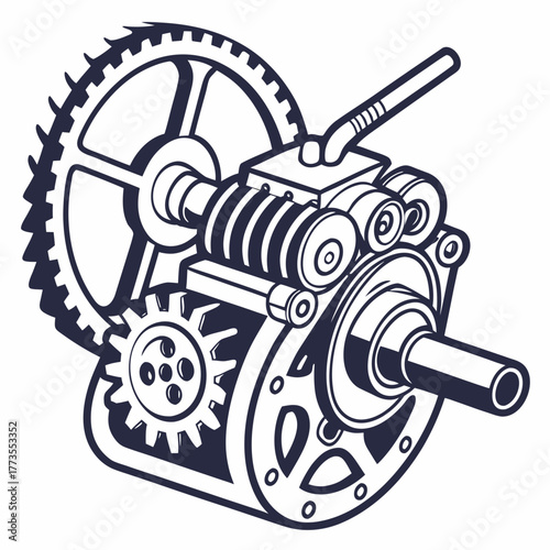 Illustration of a complex gear system isolated on white