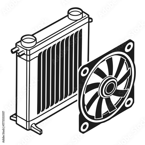 Line art of a computer water cooling system