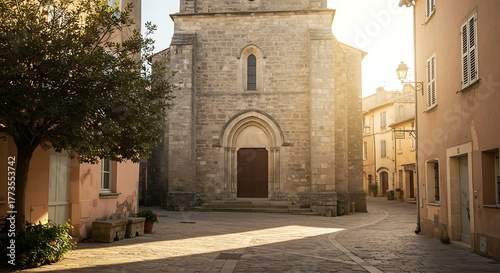 Fototapeta Naklejka Na Ścianę i Meble -  Historic Stone Church in a Quaint European Village Square at Sunset.