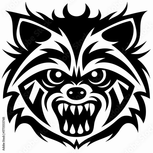 Fierce Raccoon Mascot Head Illustration in Bold Tribal Tattoo Style