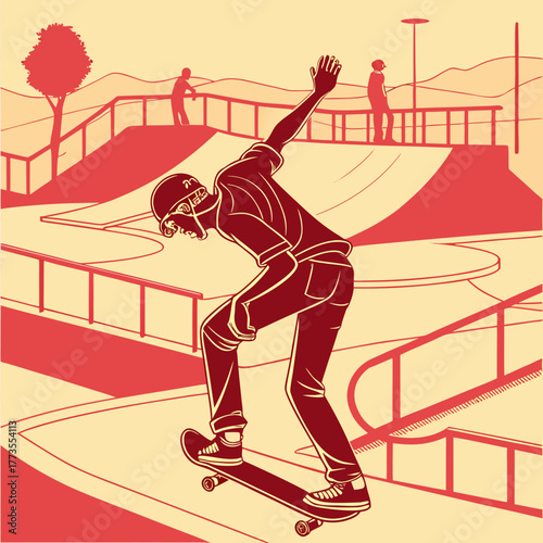 Skateboarder performing trick in skate park illustration