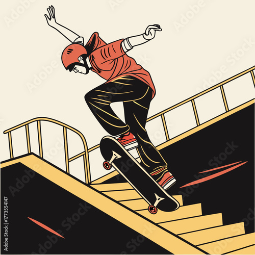 Skateboarder performing trick on stairs in the city
