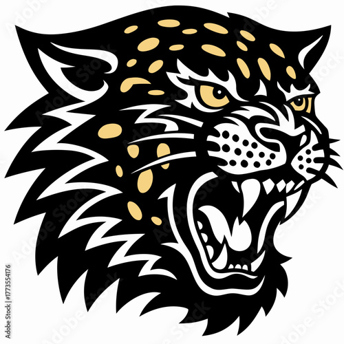 An aggressive jaguar head with a snarling expression, a fierce predator mascot illustration