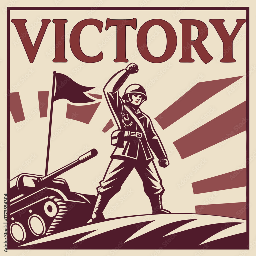 Obraz premium Soldier celebrating victory with tank illustration in retro style