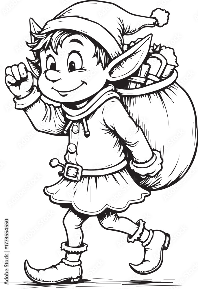 Fototapeta premium Christmas elf carrying a large sack of festive presents, cheerful holiday character illustration