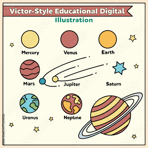 Victorstyle educational digital illustration of solar system