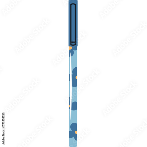 A Blue Pen With A Floral Pattern Featuring Dark Blue Flowers And Yellow Centers On A Transparent Background Ideal For Back To School Art Projects And Stationery Design