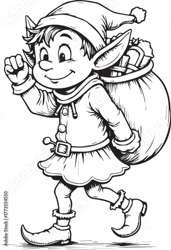 Christmas elf carrying a large sack of festive presents, cheerful holiday character illustration