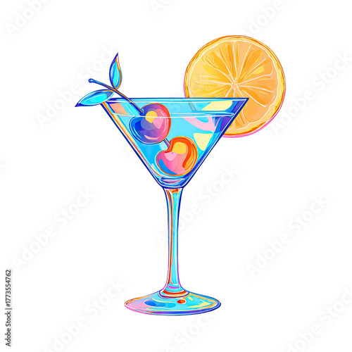 Colorful cocktail in a martini glass with cherries and orange