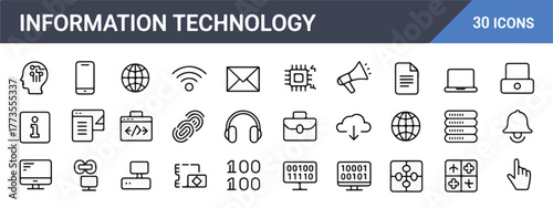 30 black line art IT and technology icons in 5 rows on white background, thin consistent style, minimal details, digital technology, computing, communication, devices, cloud, network, data, code.