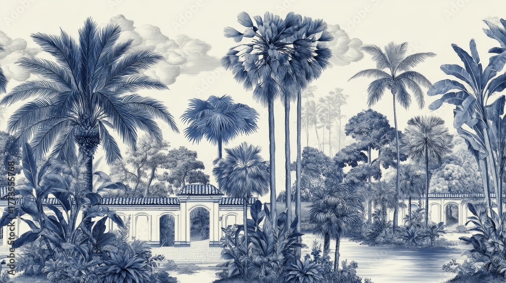 Obraz premium Indigo Tropical Villa Estate with Palm Trees and Lush Landscape