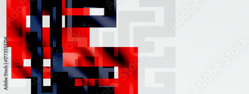 Abstract digital art. Red, black, white hues blend, creating complex geometric patterns. Minimalist composition, modern aesthetic.