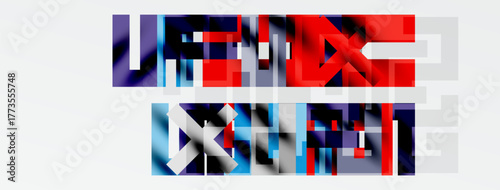 Abstract geometric shapes, red, blue, gray. Pixelated blocks form complex patterns, minimalist design, digital art.