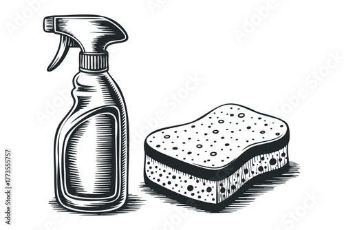 Sprayer bottle with sponge on white background