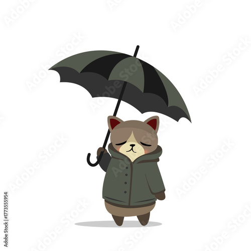 Sad lonely cat under an umbrella gray illustration flat design