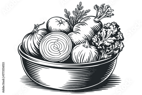 Bowl of fresh vegetables including onions, tomatoes, carrots and parsley