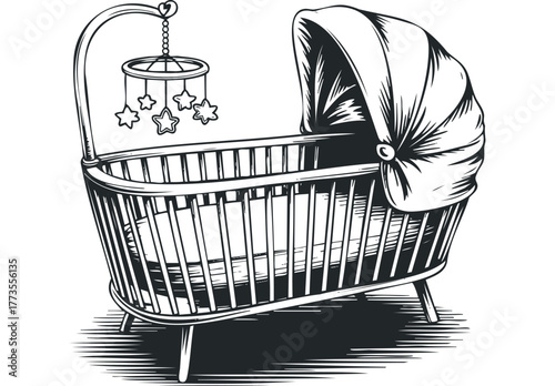 Vintage baby crib with hanging mobile