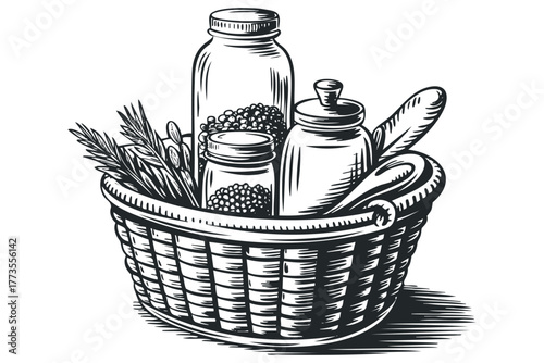 Woven Basket Filled With Jars of Spices and Grains